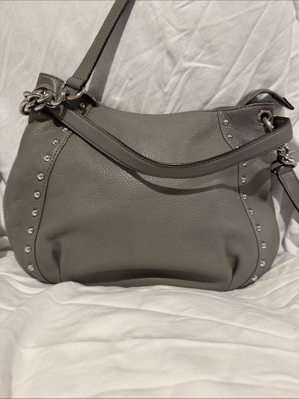 Michael Kors Astor Stud-Accent Gray Leather Shoulder Bag